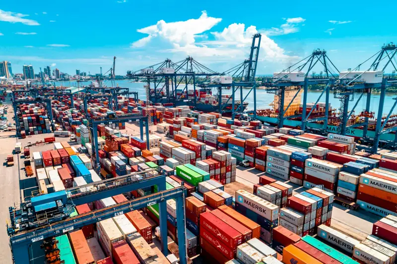 Rows of stacked shipping containers
